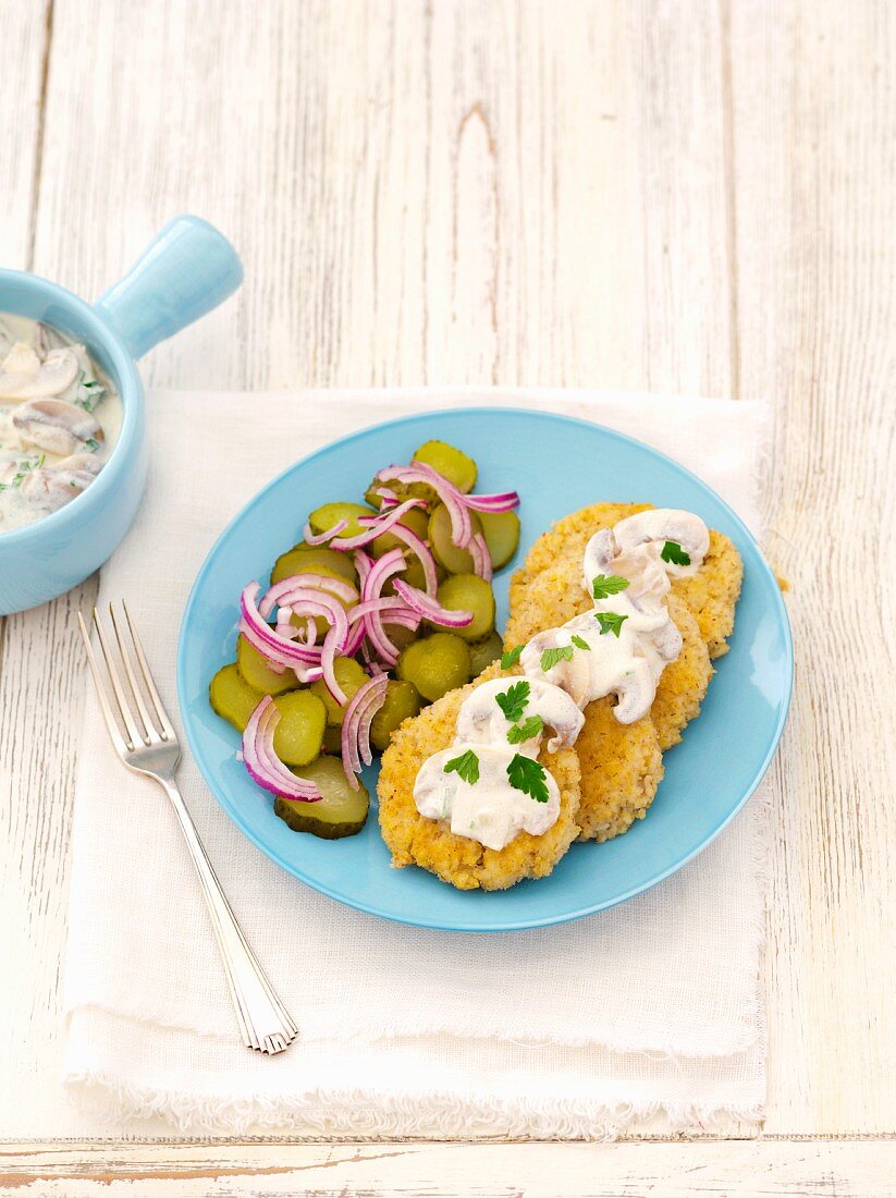 Barley cakes with mushrooms and gherkins