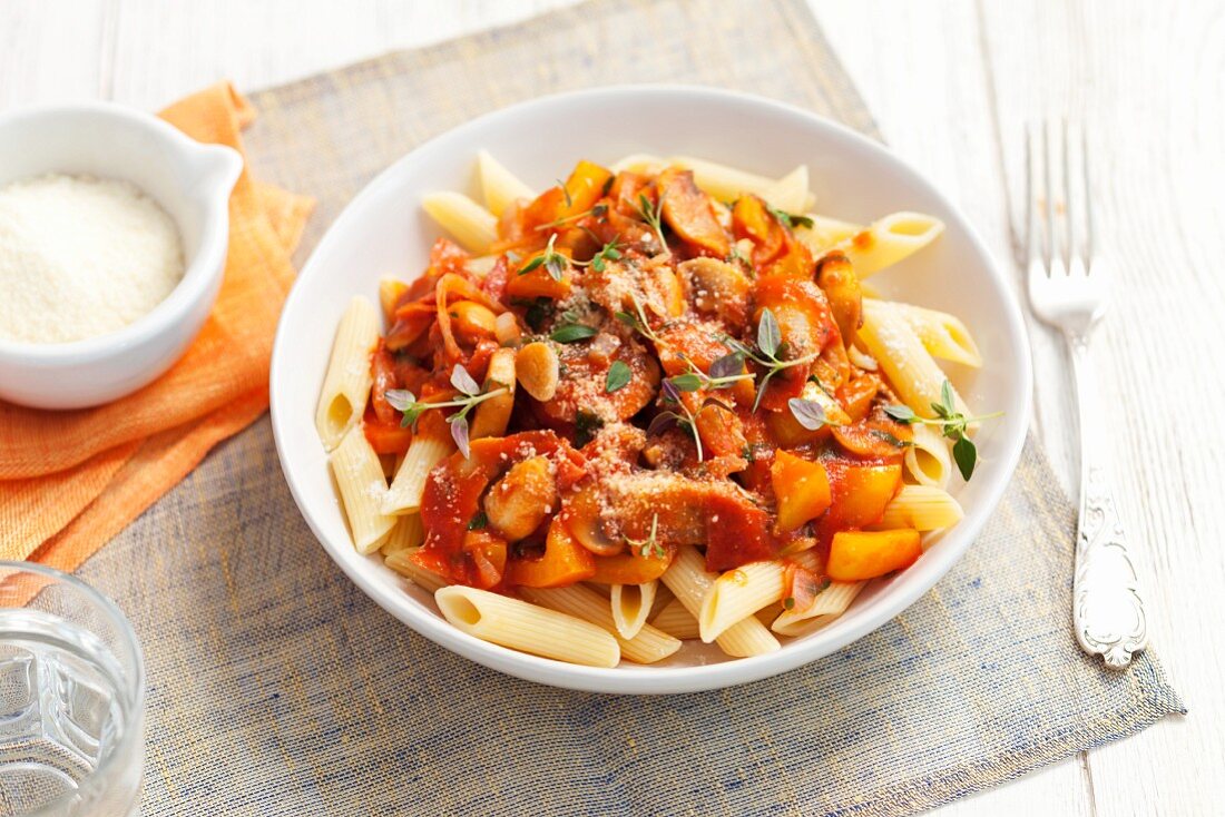 Penne with a vegetable sauce and thyme