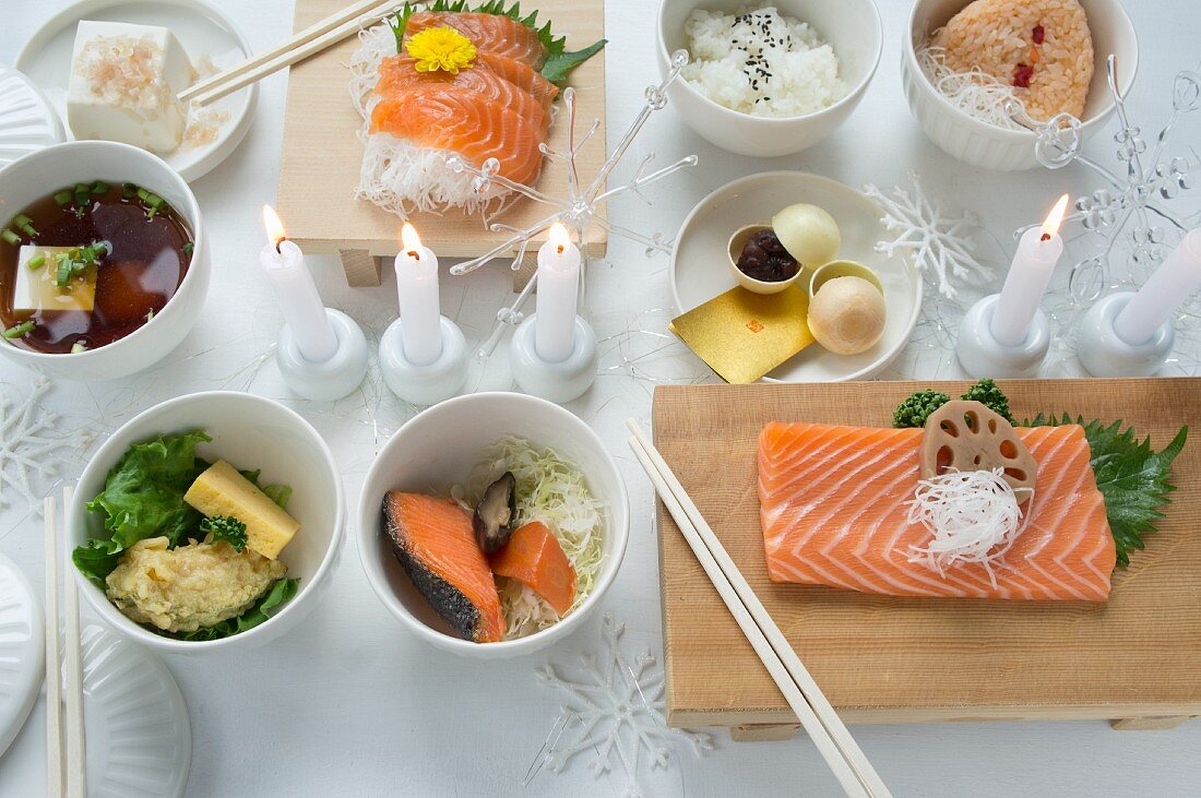 A table laid for Christmas with a variety of Japanese dishes