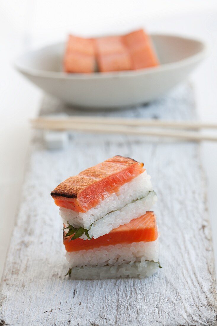 Rectangular salmon sushi