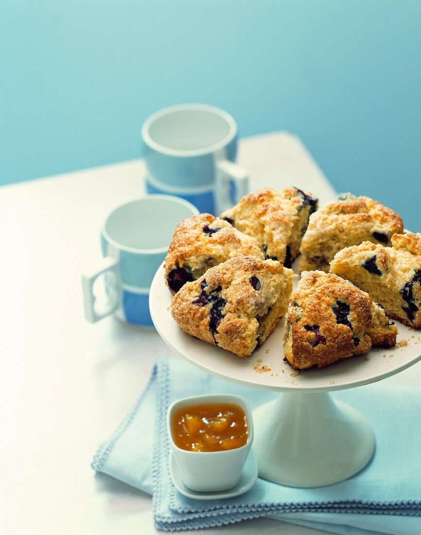 Blueberry scones on a cake stand