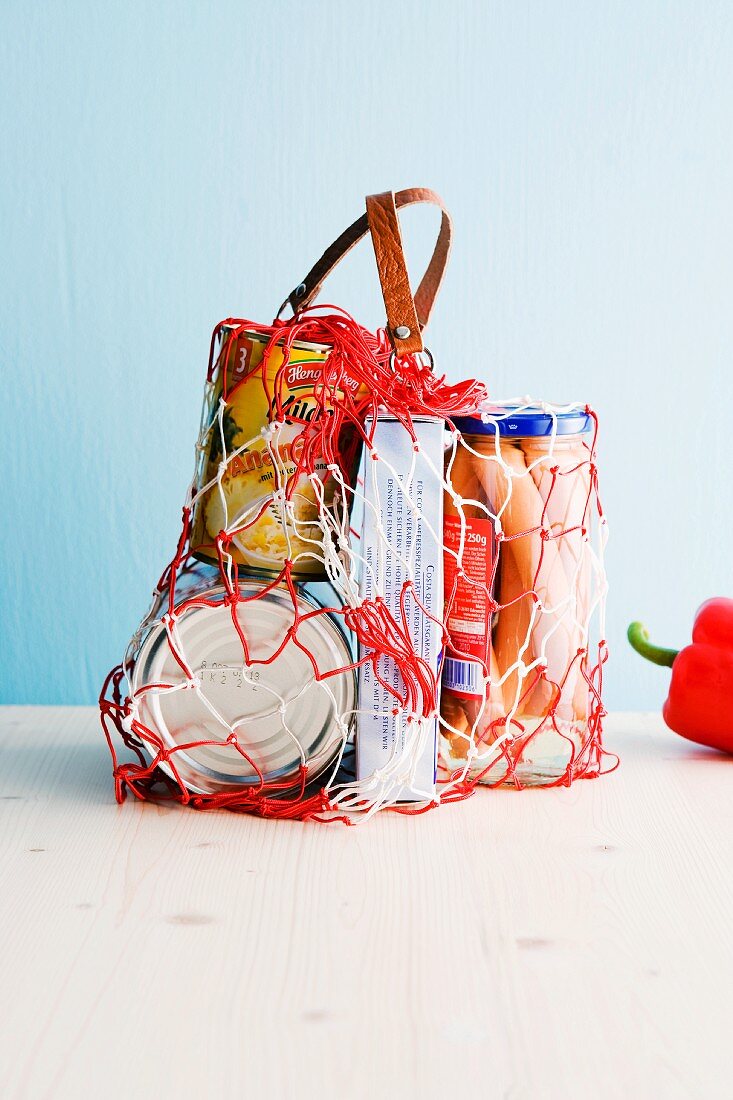 Various groceries in a net shopping bag