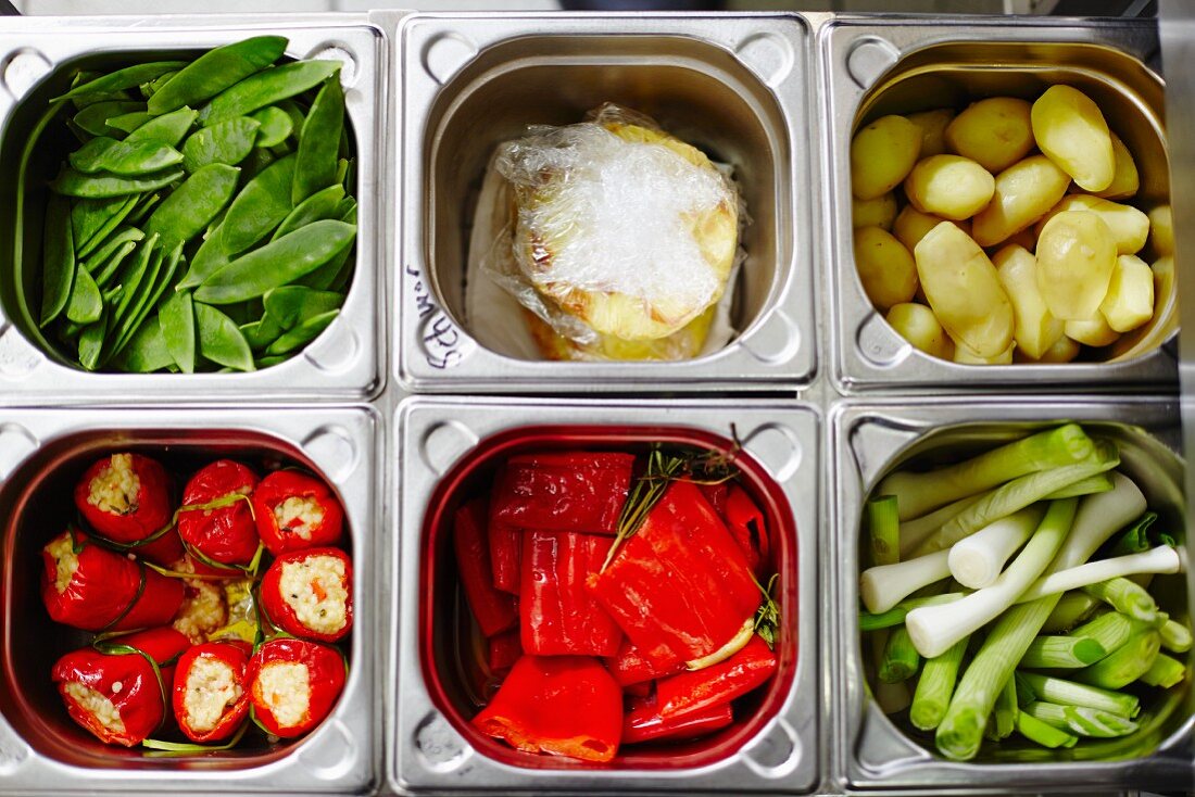 Various types of vegetables in bain maries (seen from above)