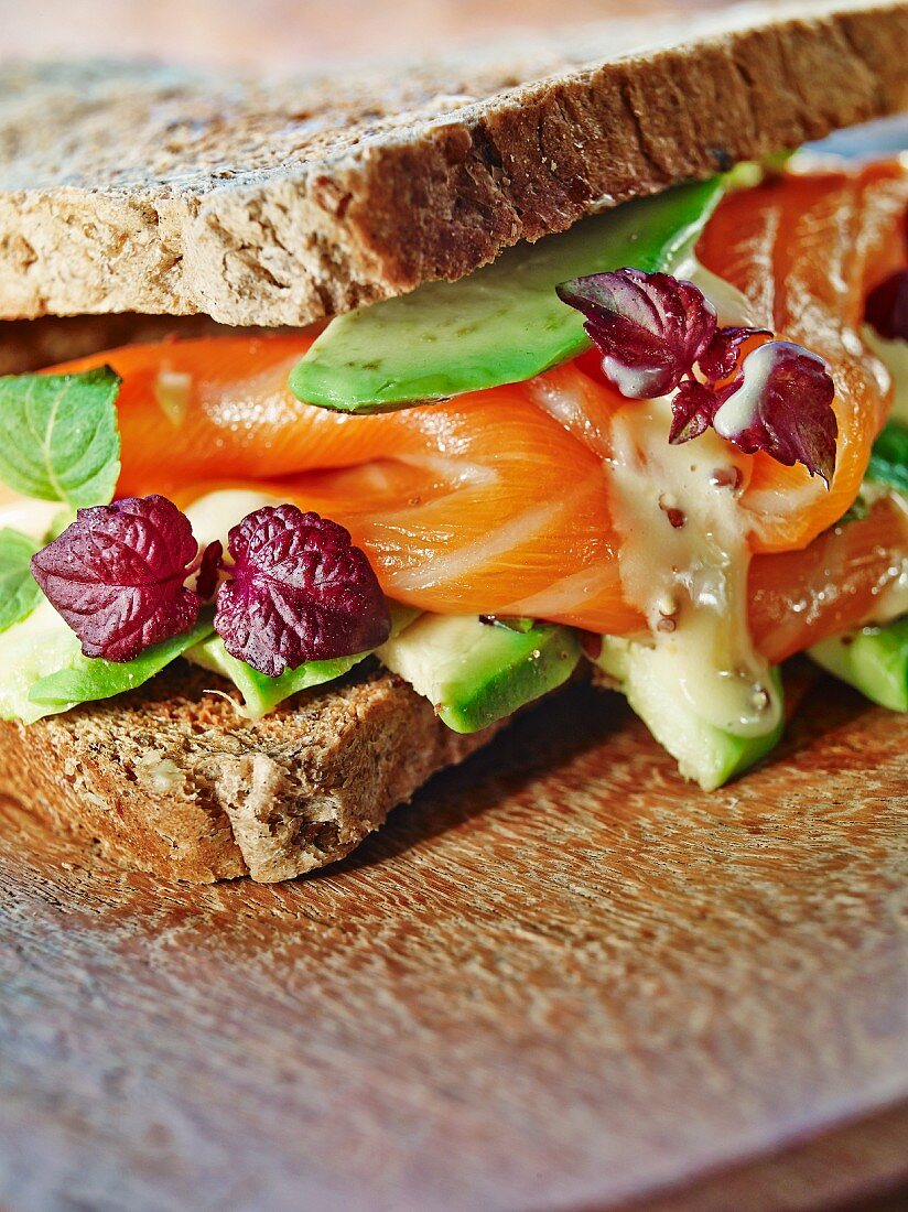 A salmon sandwich with avocado and basil
