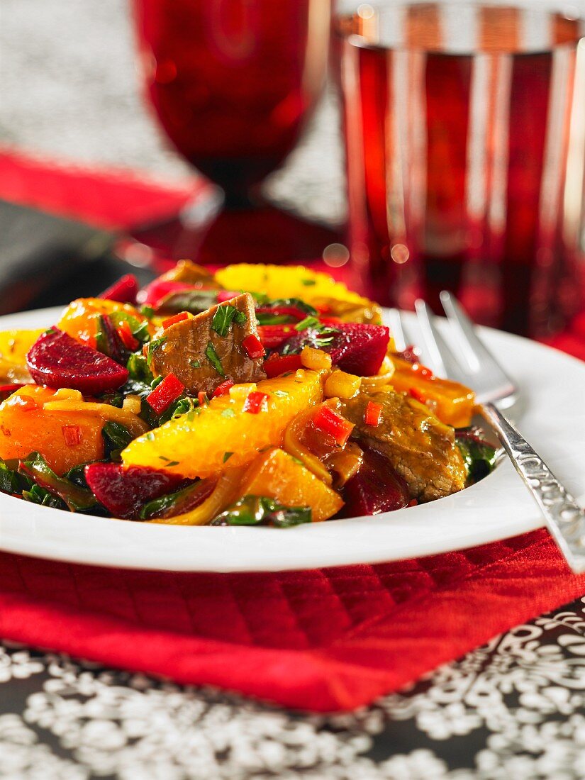 A pumpkin medley with beetroot and beef