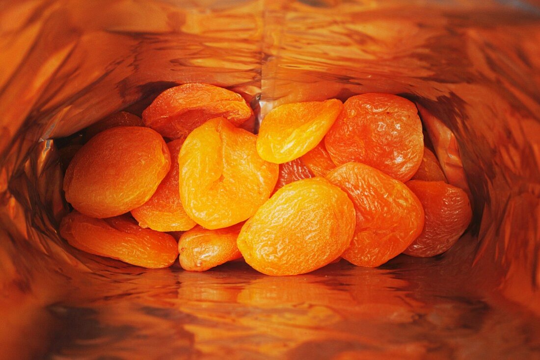 A bag of dried apricots (seen from above)