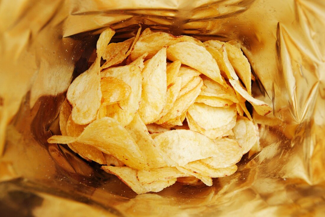 A bag of potato crisps (seen from above)
