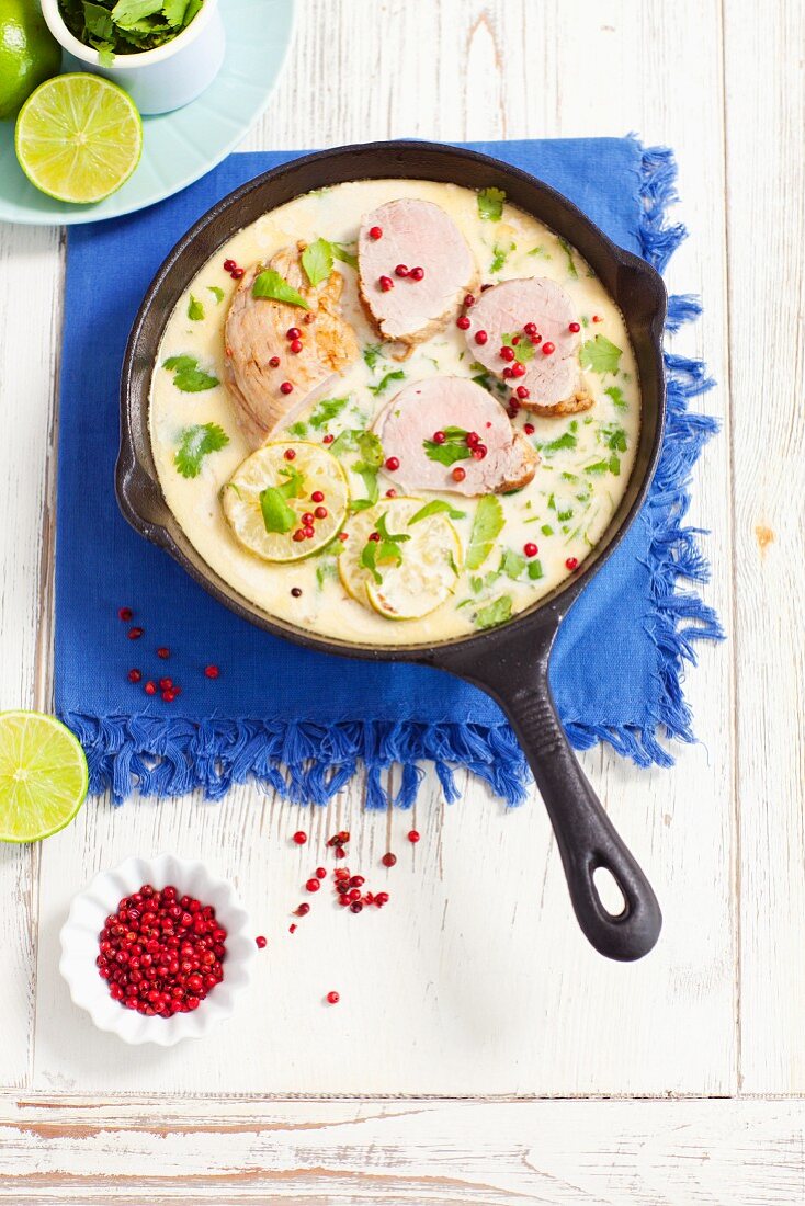 Pork fillet with a coconut and lime sauce with coriander