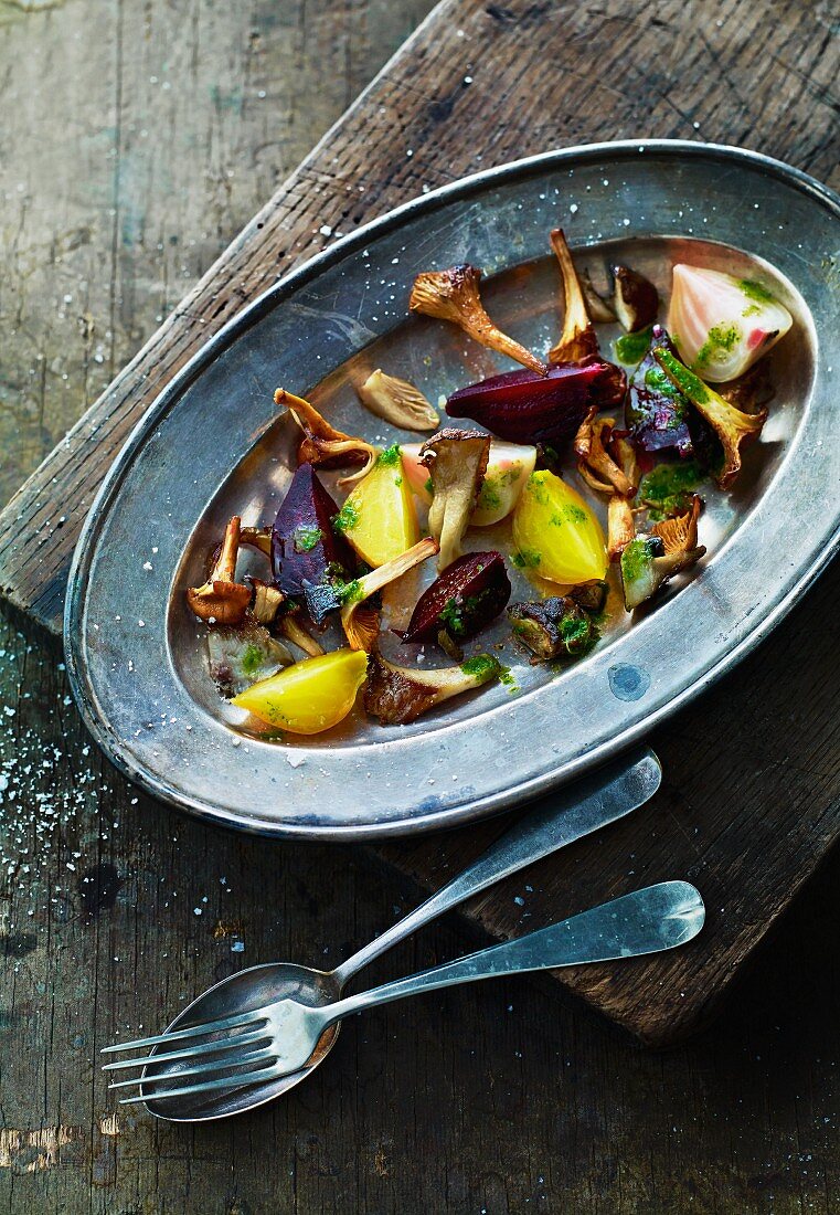 Beetroot and golden beets with chanterelle mushrooms