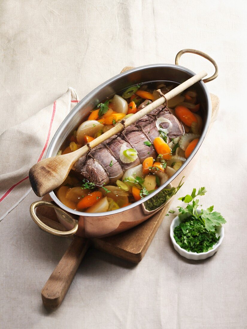 Poached ox fillet in a vegetable broth