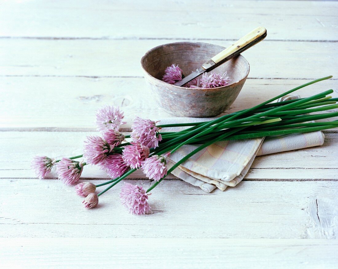 Frischer Schnittlauch mit Blüten auf Tuch