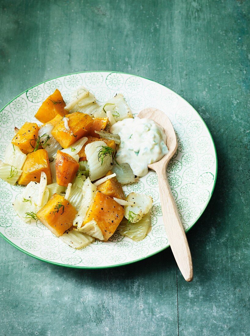 Oven-roasted vegetables with a mustard dip