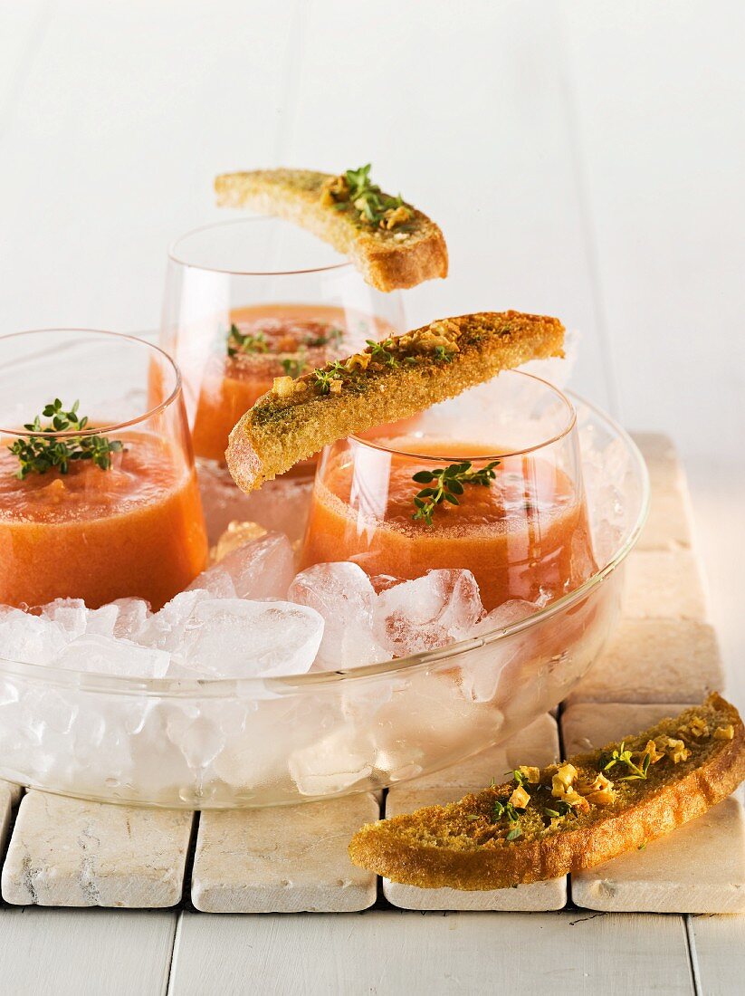 Ice cold tomato soup with grilled bread
