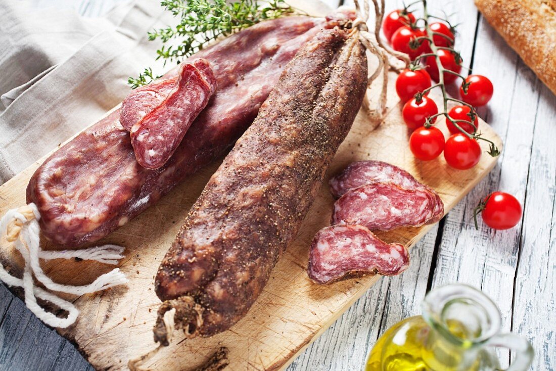 Llonganissa (spanish smoked sausage), cherry tomatoes and olive oil