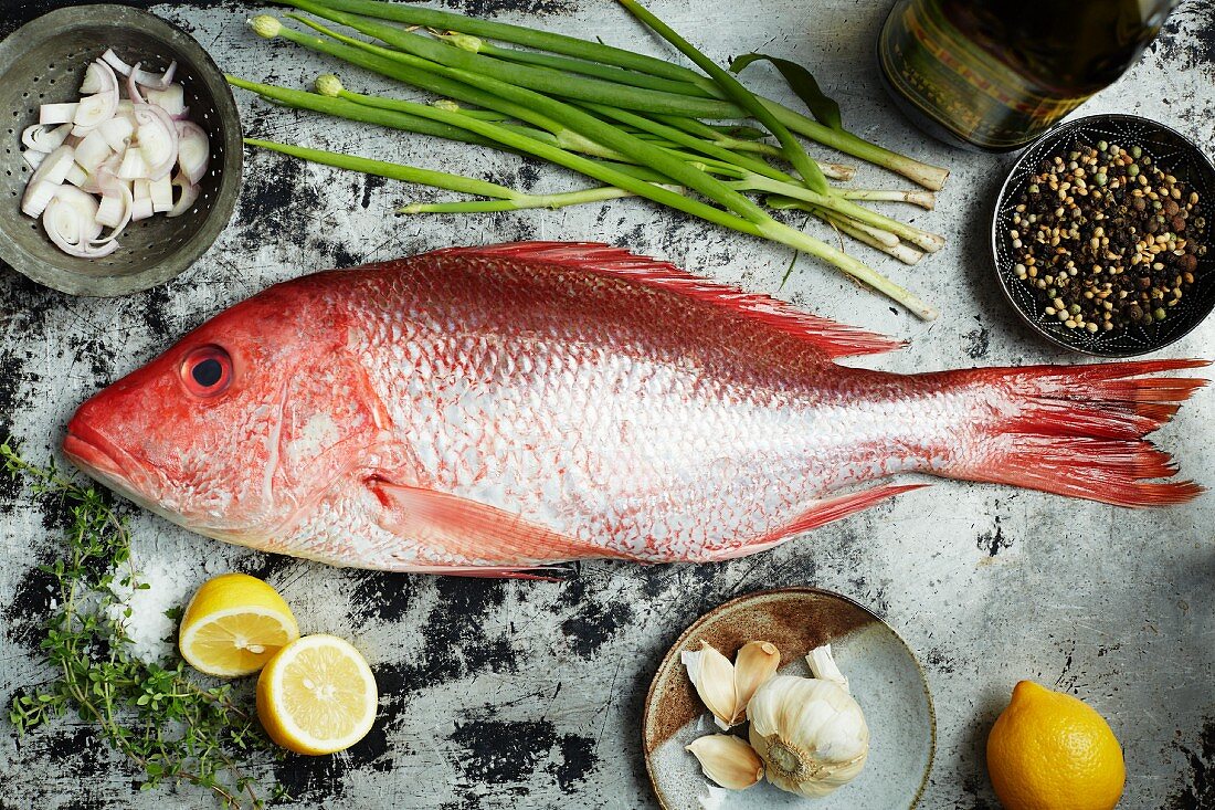 Red snapper, onions, lemons, garlic and pepper