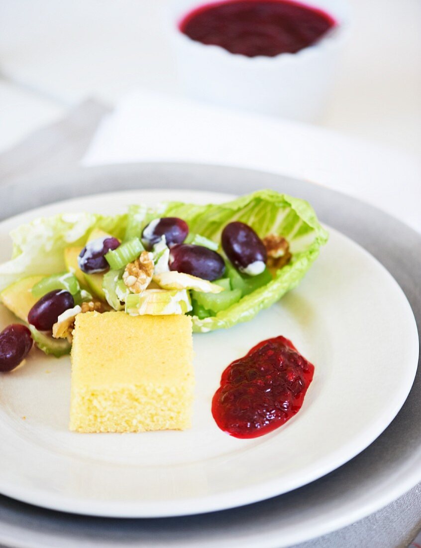 Waldorf salad with cornbread and cranberry sauce for Thanksgiving