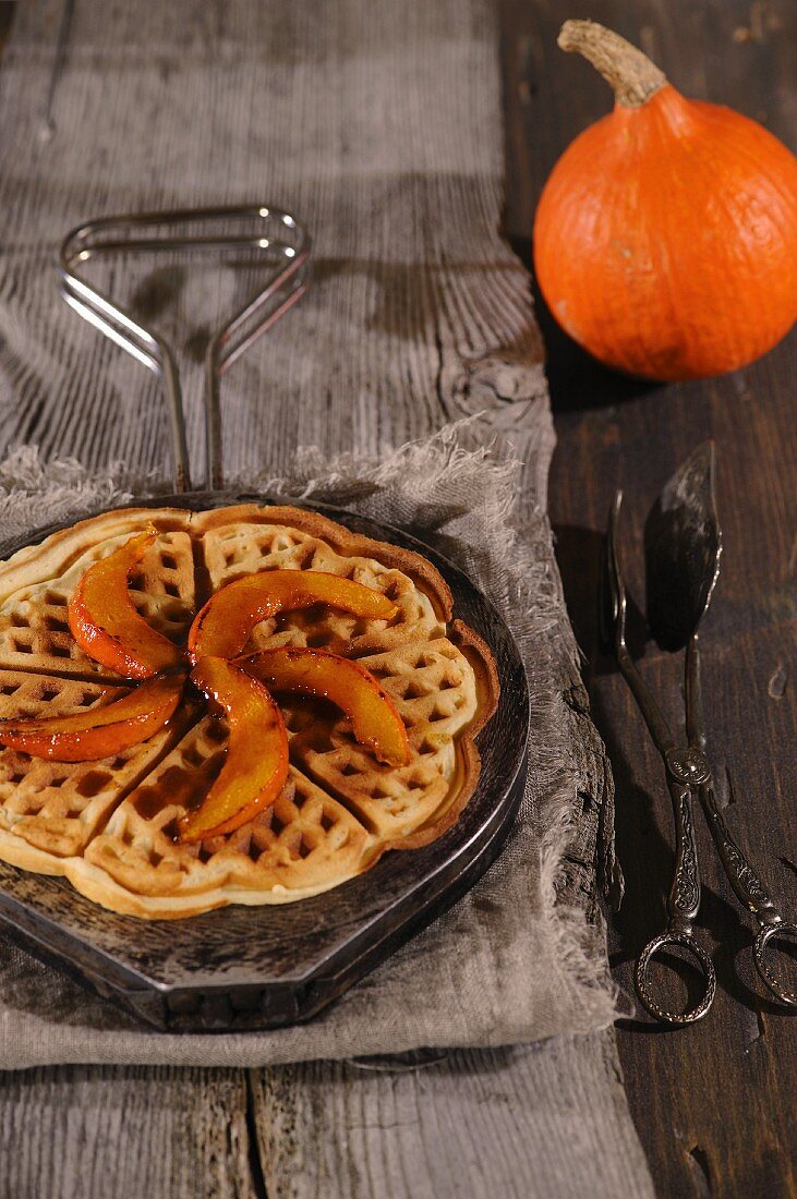 Sweet waffles with caramelised pumpkin wedges