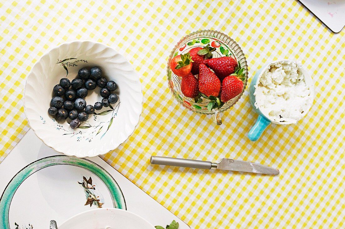 Schalen mit Blaubeeren, Erdbeeren und Frischkäse auf kariertem Tischdecke