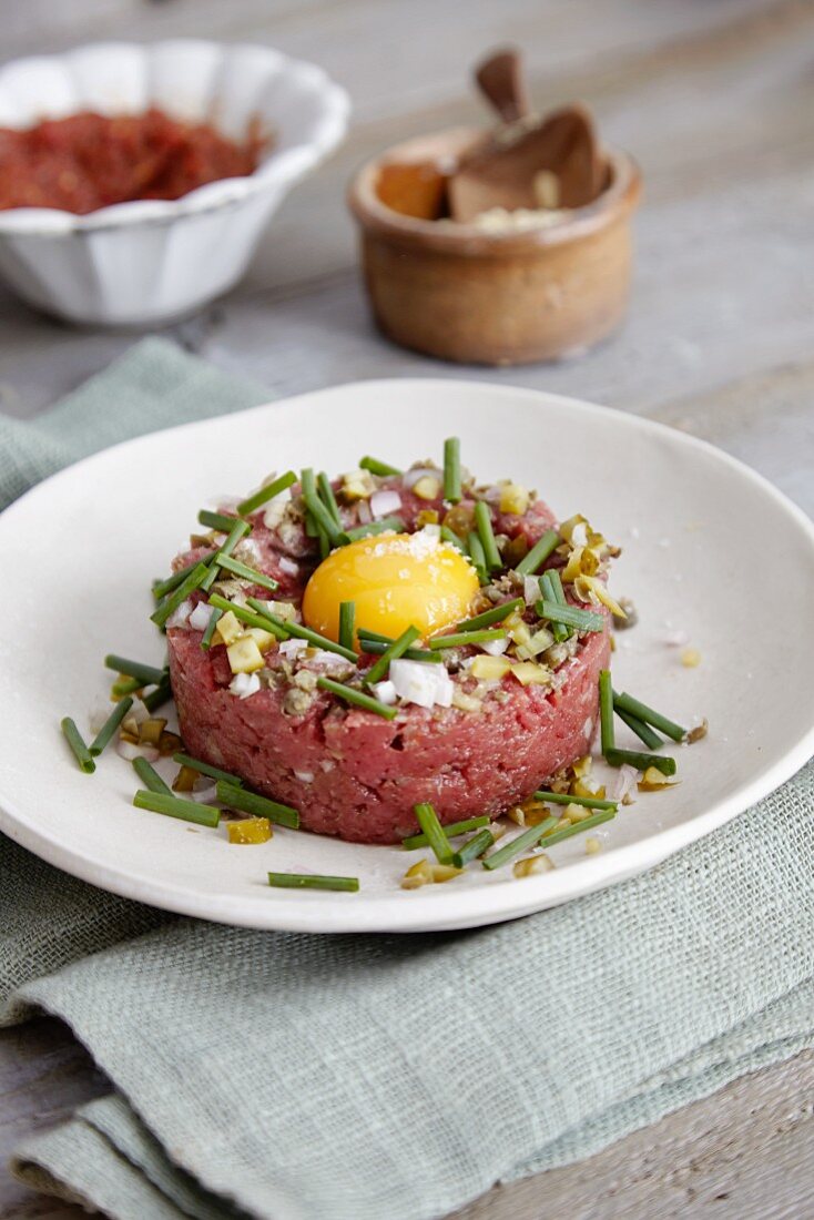 Beef tartar with egg yolk