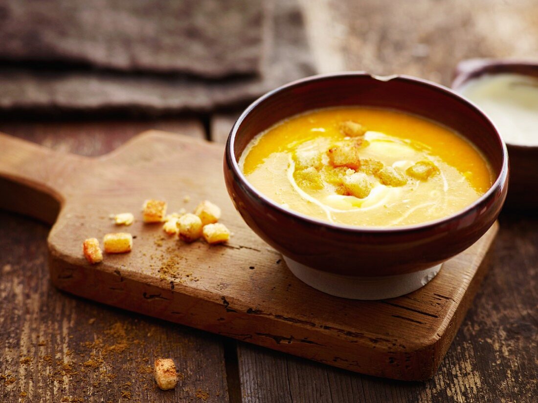 Pumpkin soup with spicy croutons