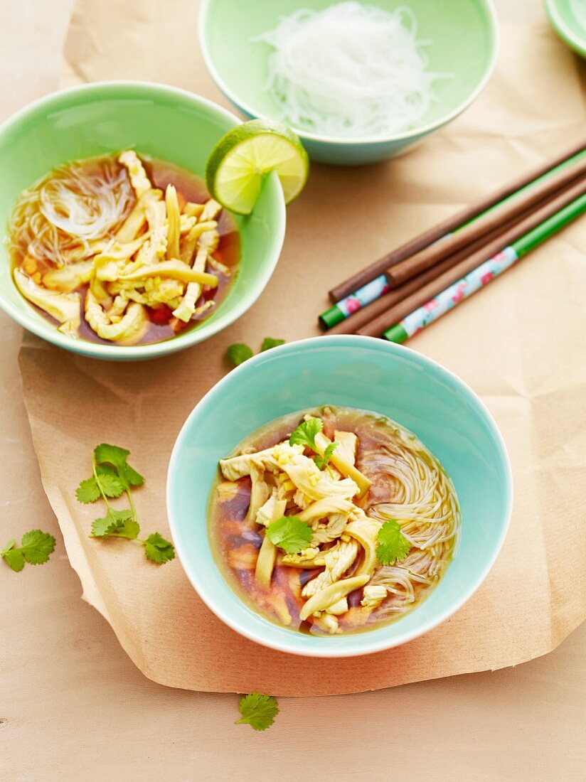 Glass noodle soup with turkey strips and oyster mushrooms