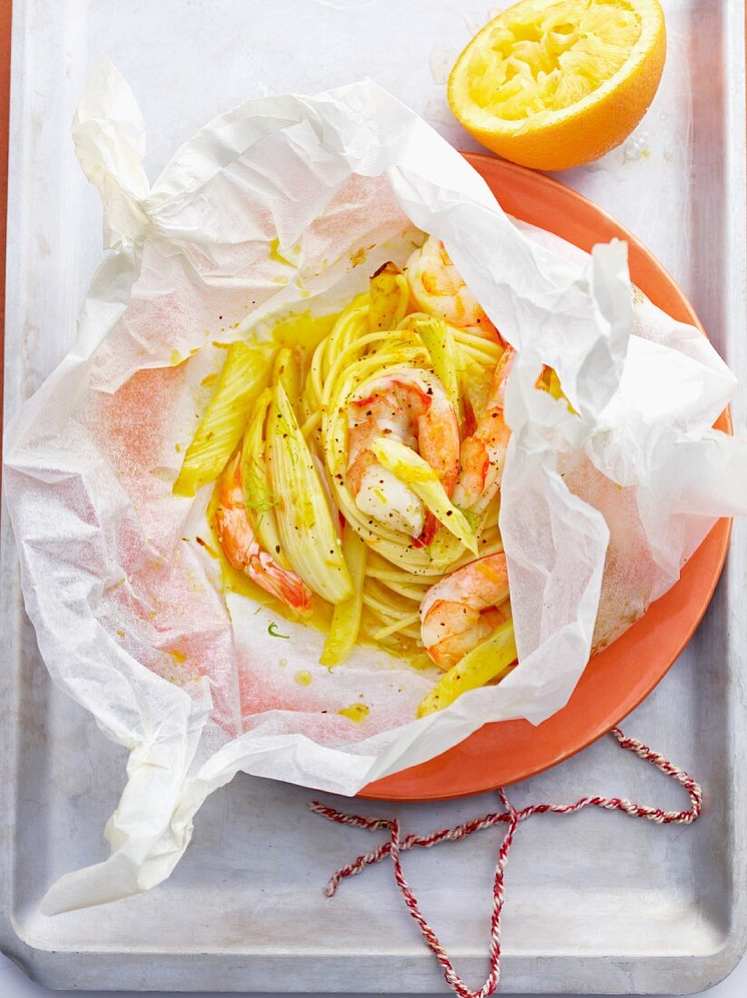 A pasta and prawn parcel
