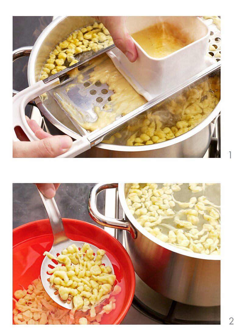 Spätzle (soft egg noodles from Swabia) being cooked