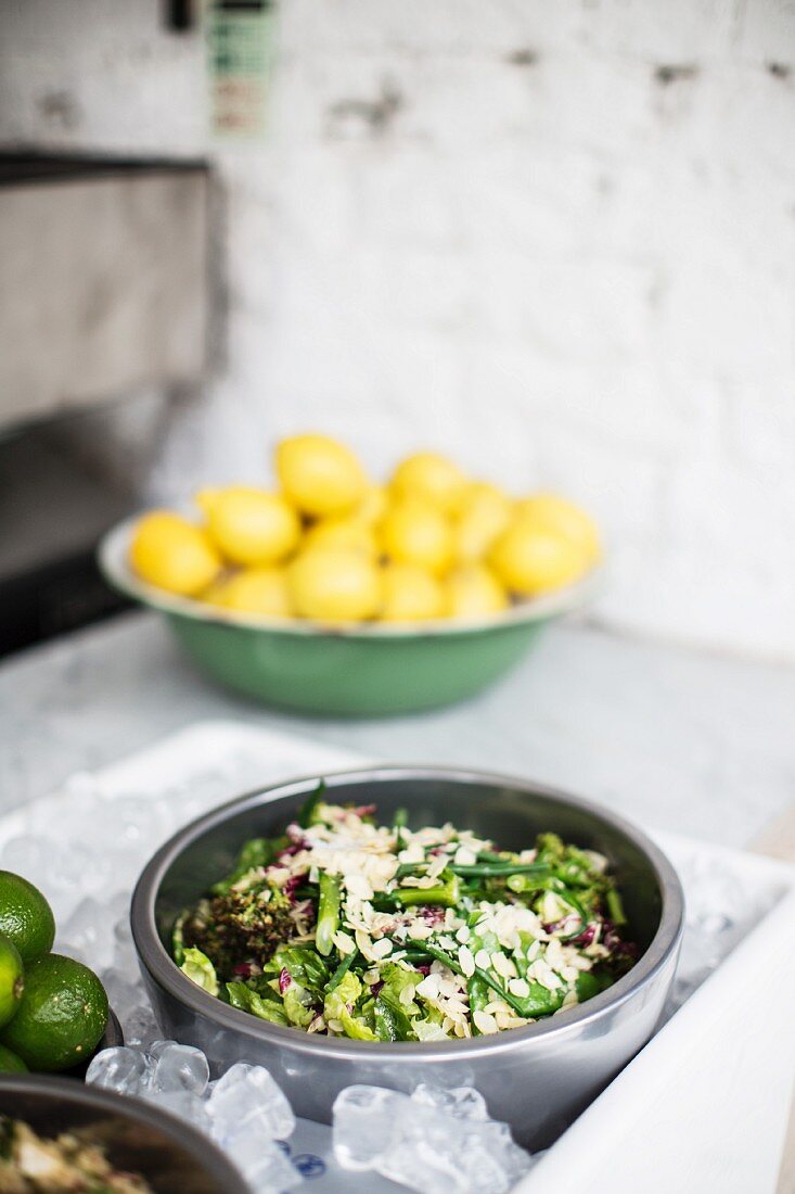 A mixed leaf salad with slivered almonds