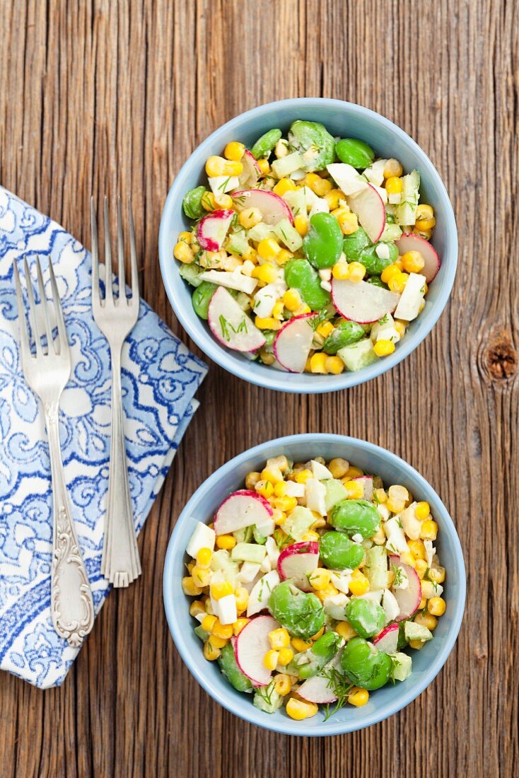 Sweetcorn salad with fava beans, radishes and cucumber