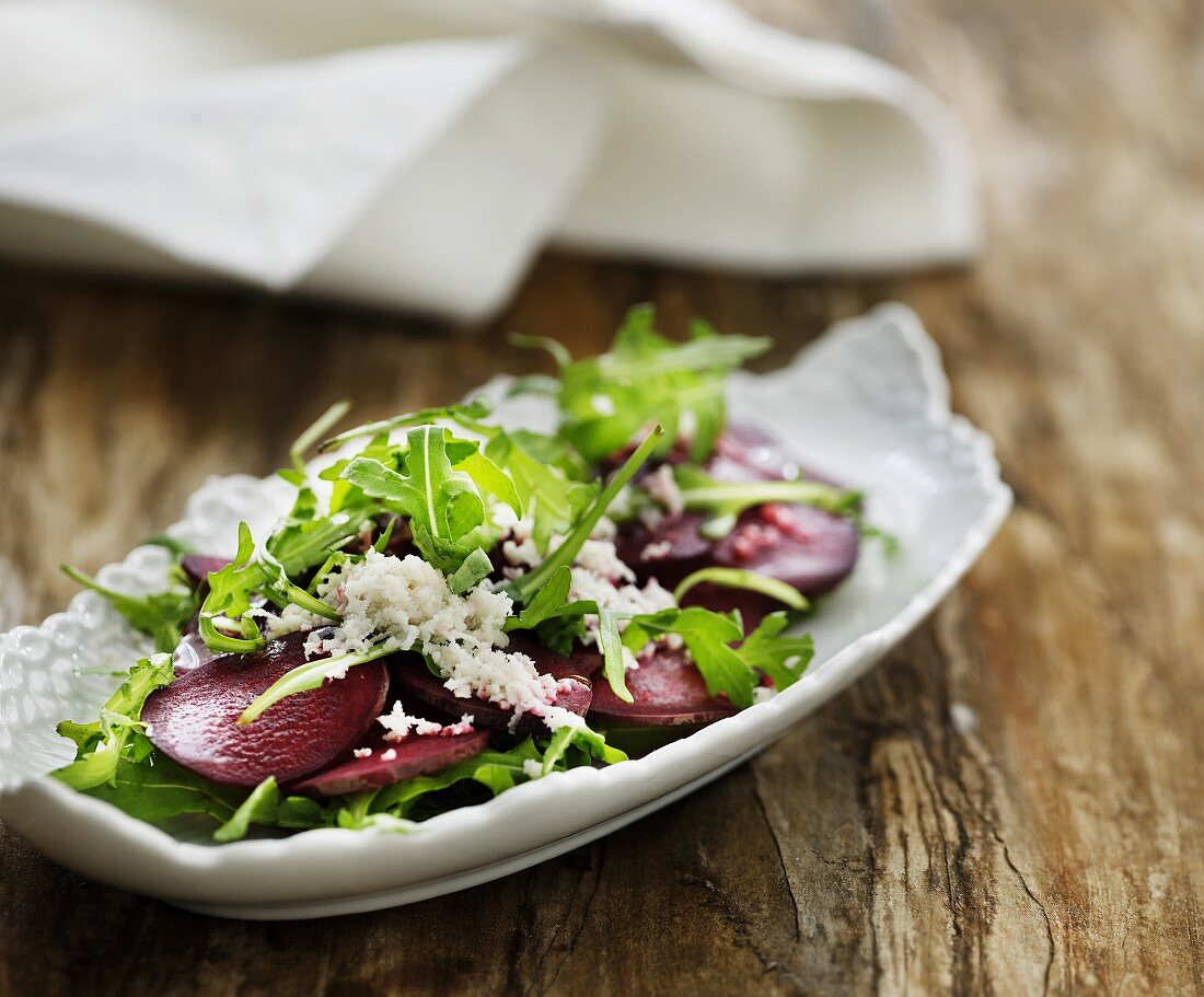 Beetroot carpaccio with rocket and horseradish