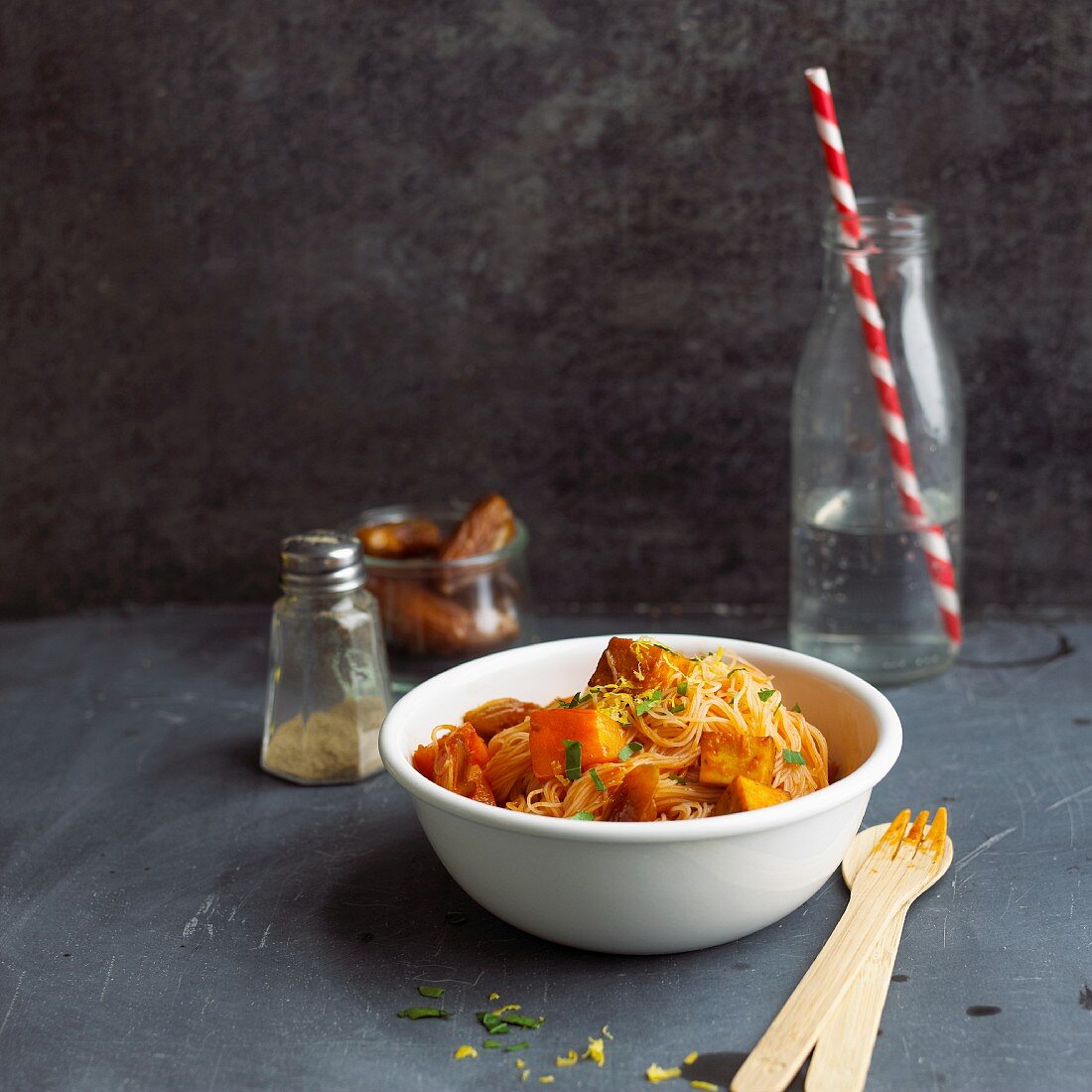 Roasted pumpkin with dates and rice noodles