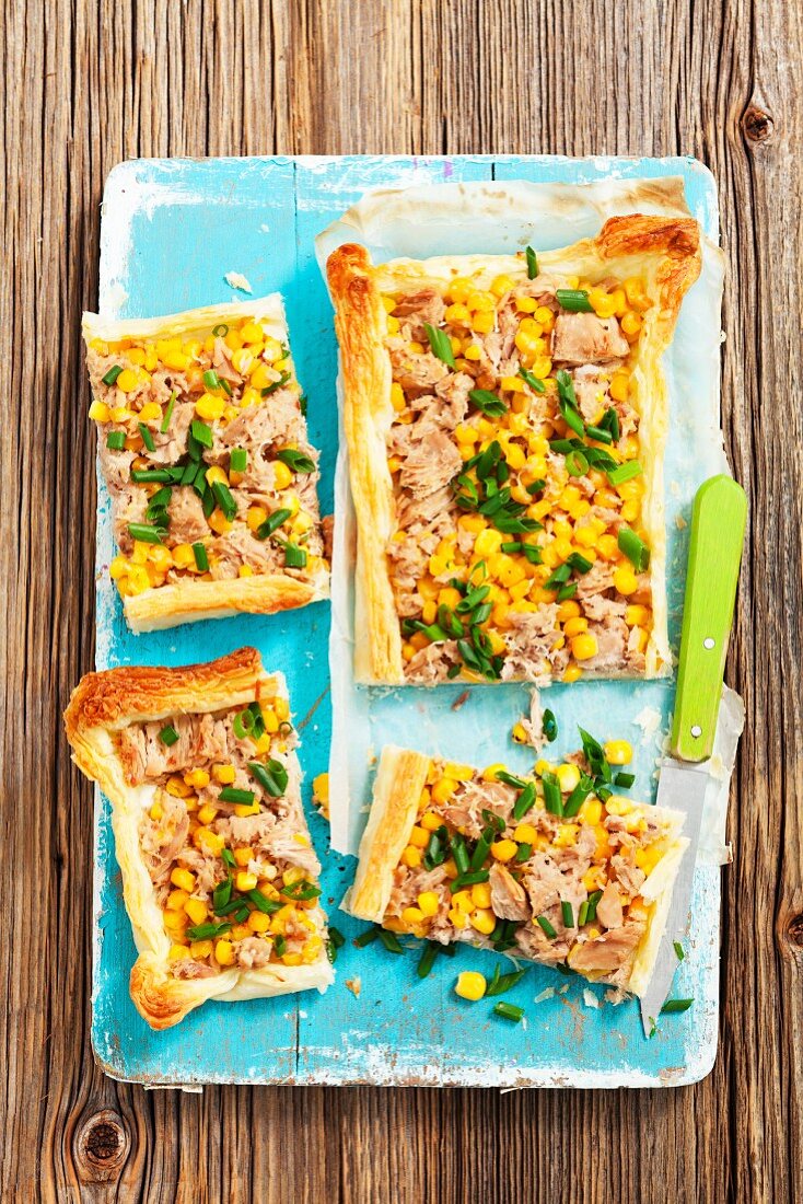 Puff pastry tart with tuna and sweetcorn