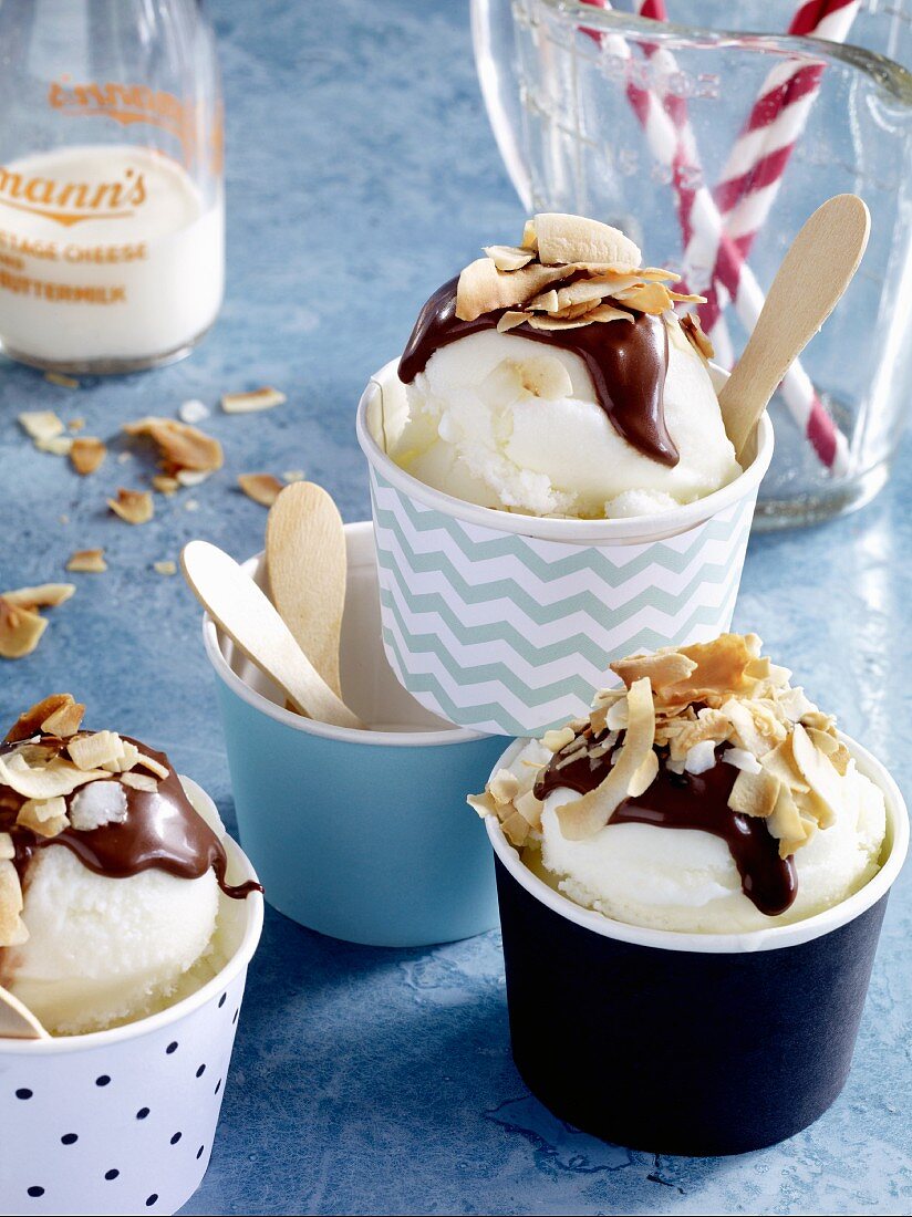 Frozen Joghurt mit Schokoladensauce und Kokos