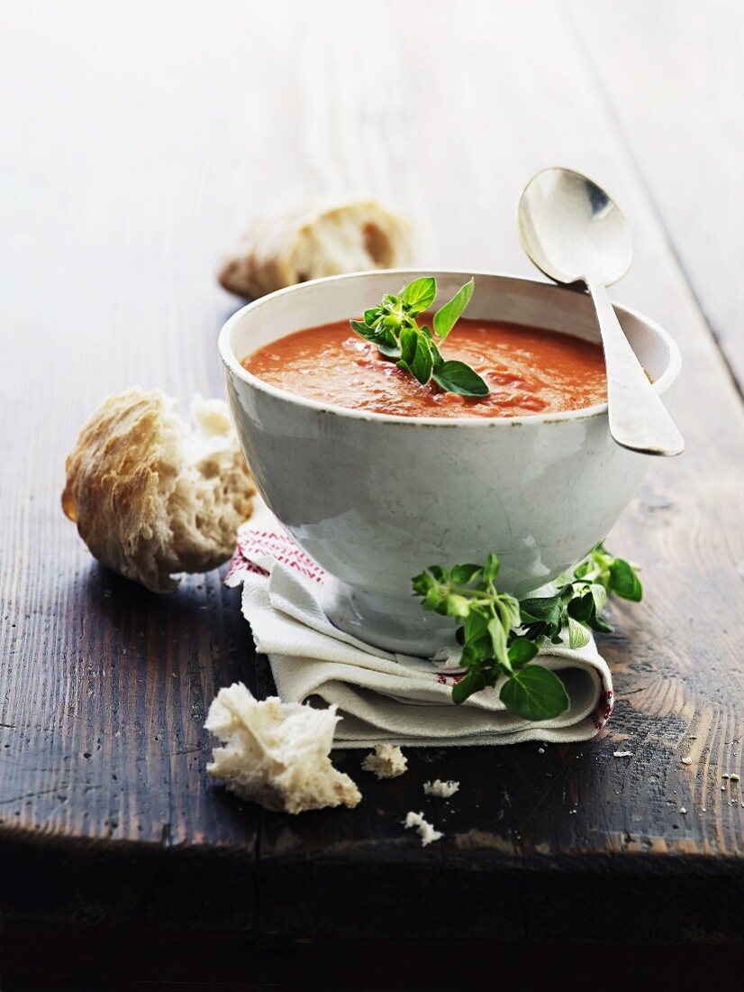 Tomato soup with basil and ciabatta