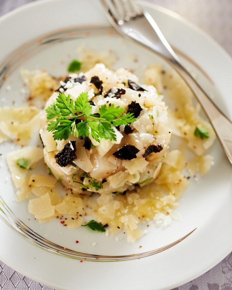 Scallop tartar with black truffles and Parmesan