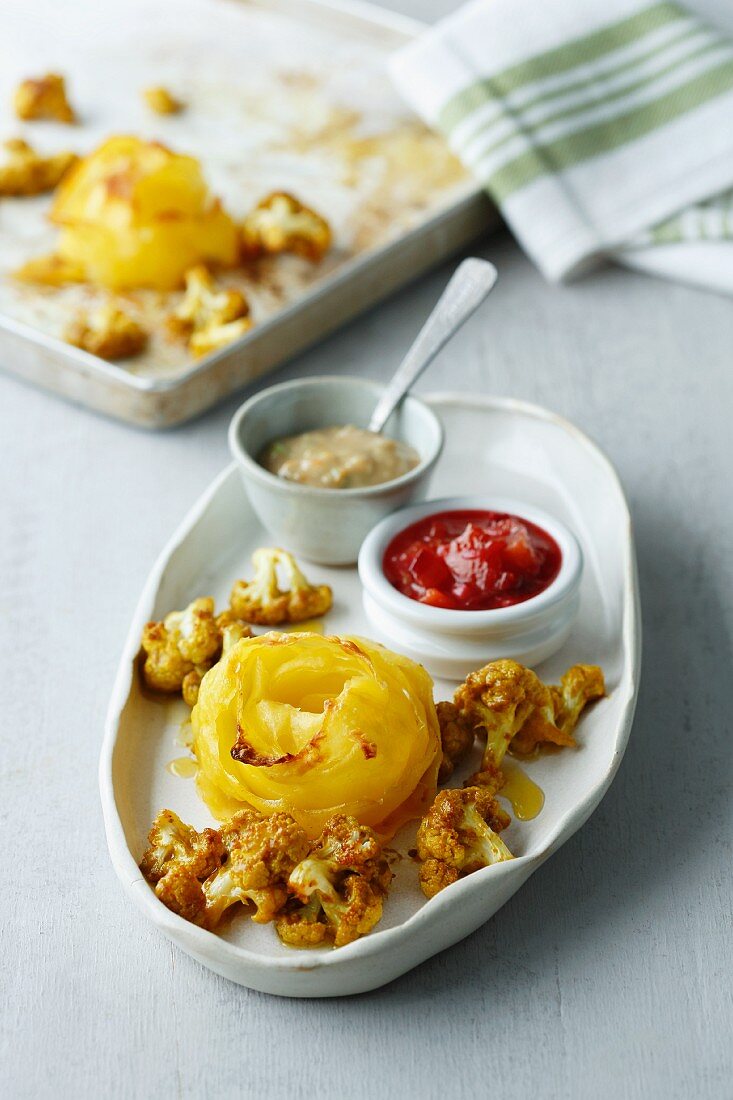 Potato nests with cauliflower and dips