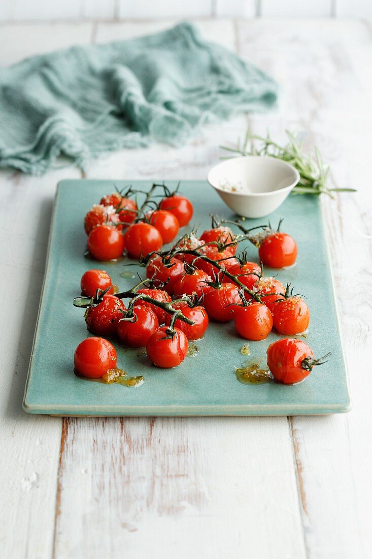 Roasted cocktail tomatoes with rosemary sugar and tonka salt