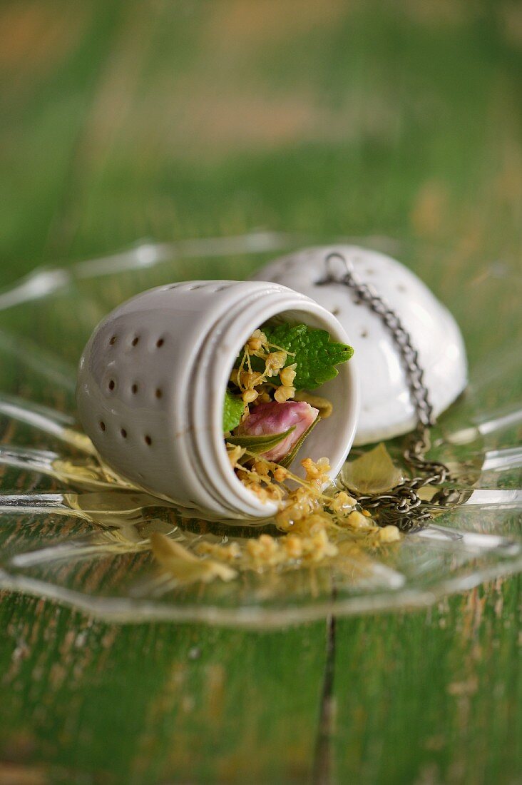 A porcelain tea egg filled with herbs and flowers