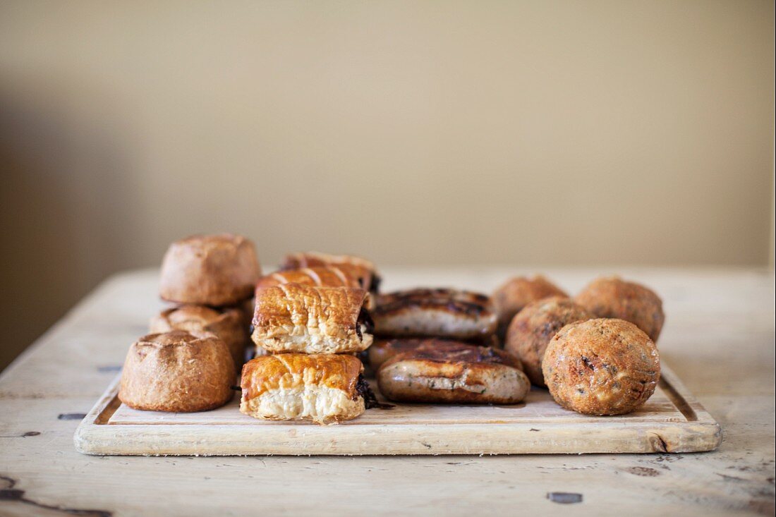 Meat pies, sausage rolls, sausages and Scotch eggs