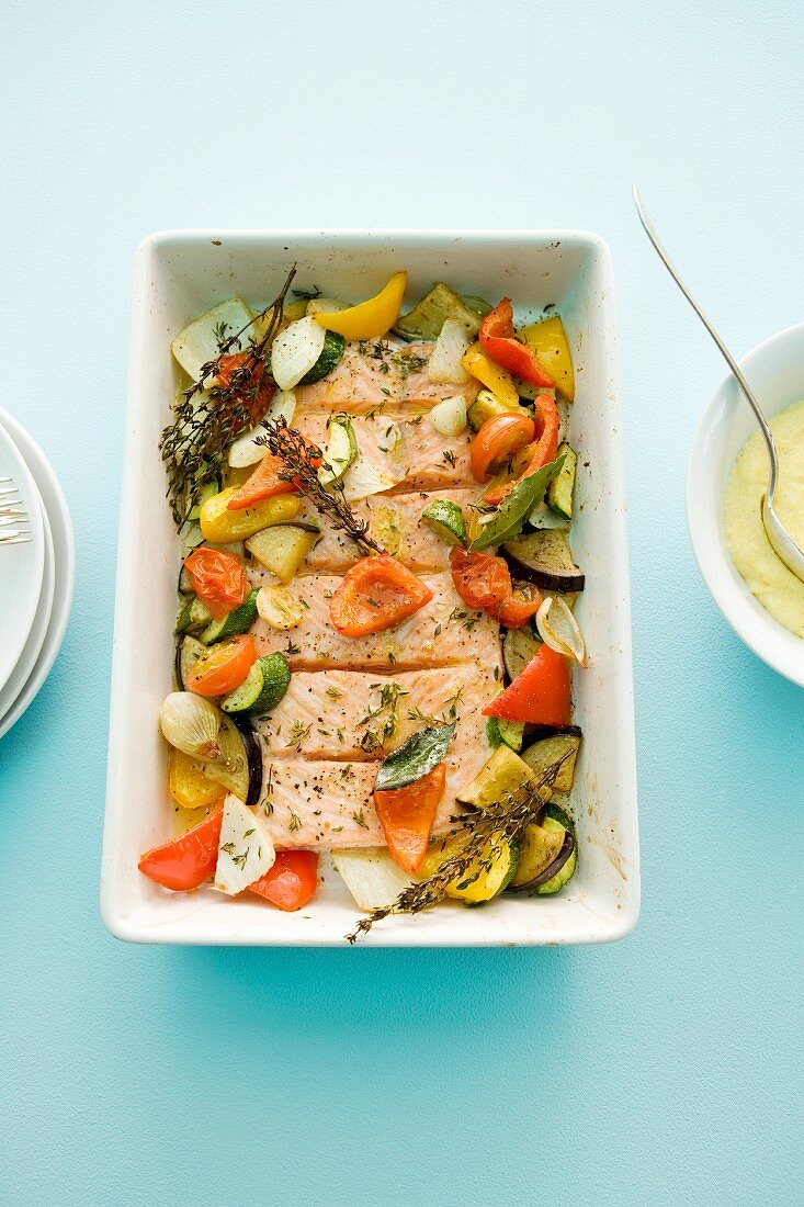 Salmon with Mediterranean vegetables