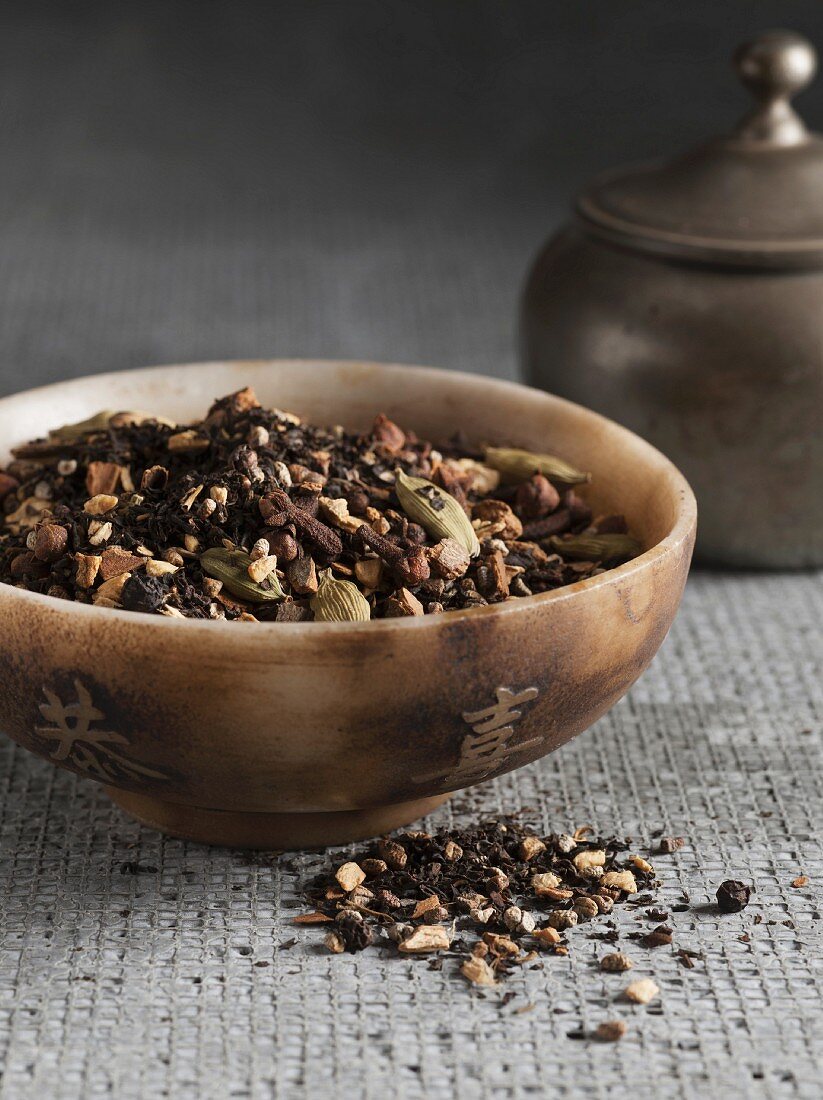 Loose leaf tea in a wooden bowl