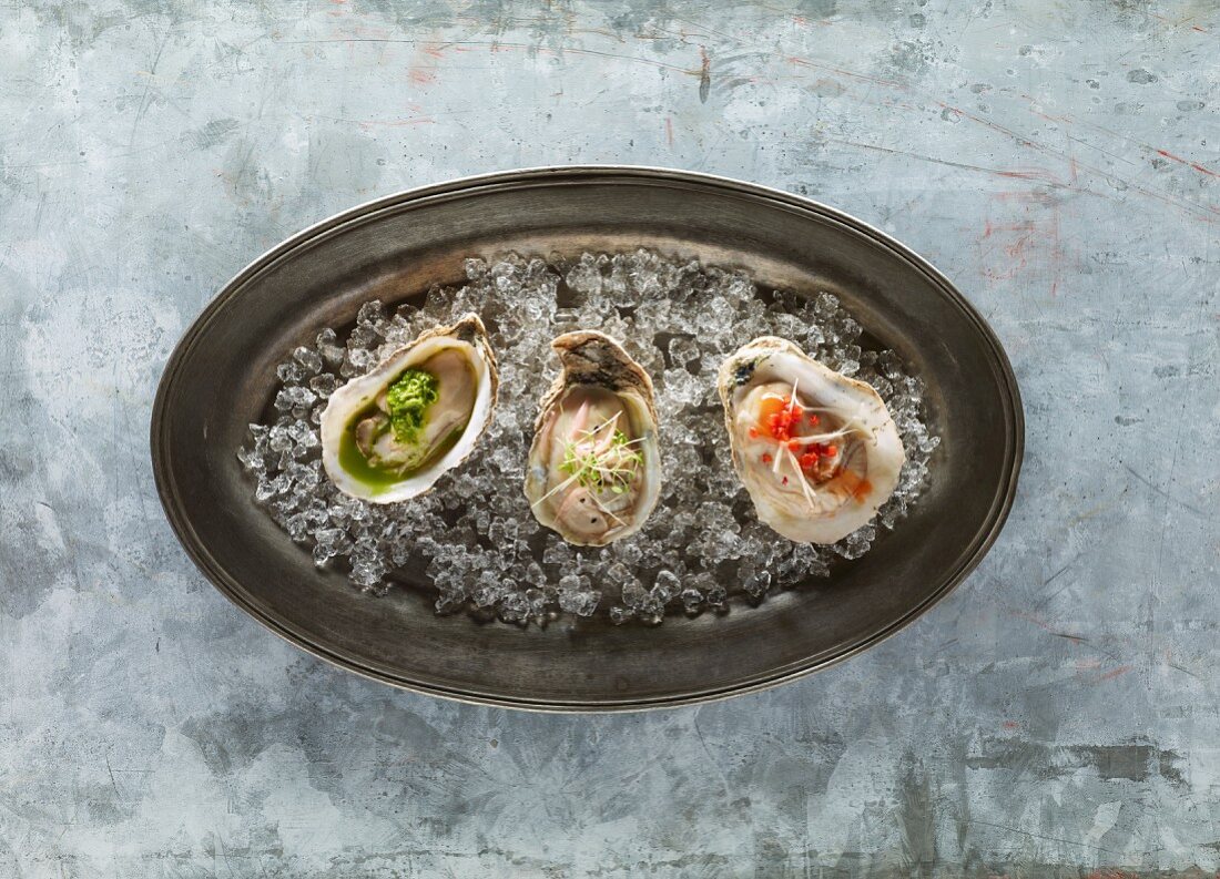Oysters on ice in metal dish