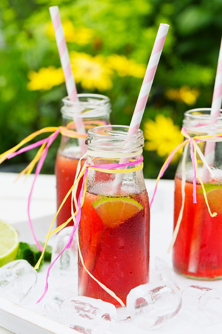 Drei kleine Flaschen Eistee mit Limetten, Pfefferminze und Eiswürfeln auf Gartentisch