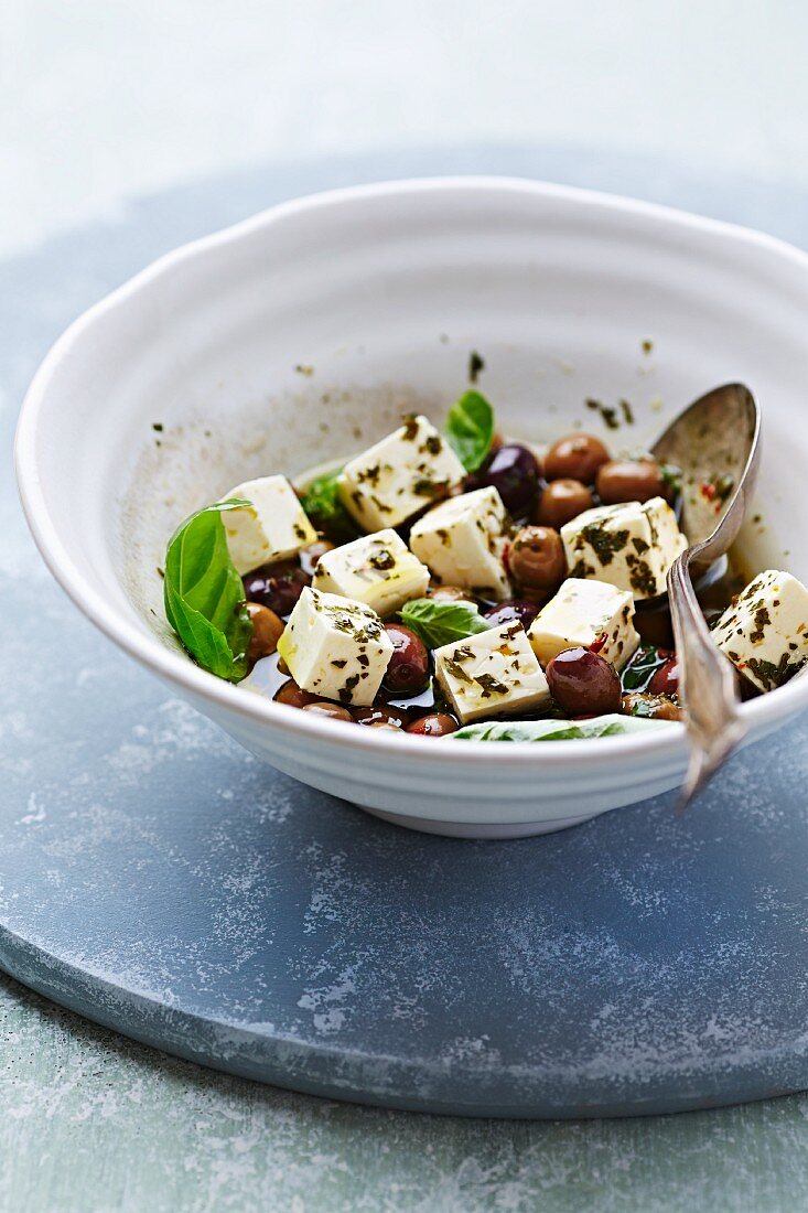 Feta with olives in olive oil