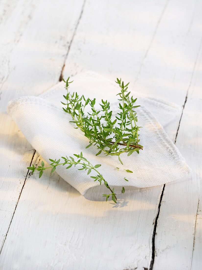 Fresh thyme on a cloth