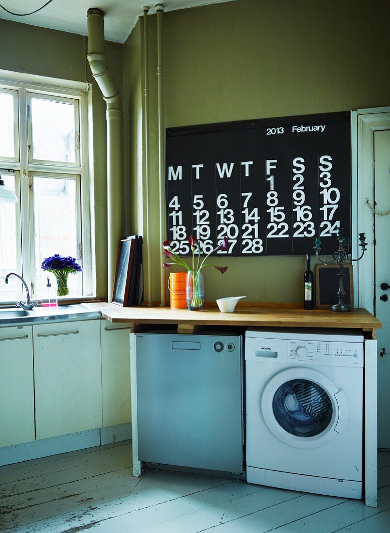 Schlichte, funktionale Küche mit verschiedenen Elektrogeräten unter Holz Arbeitsplatte, an olivgrüner Wand moderner Kalender
