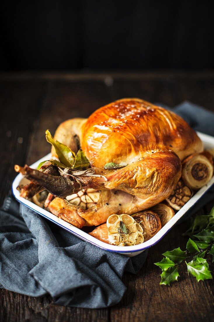 Roast turkey with garlic for Christmas dinner