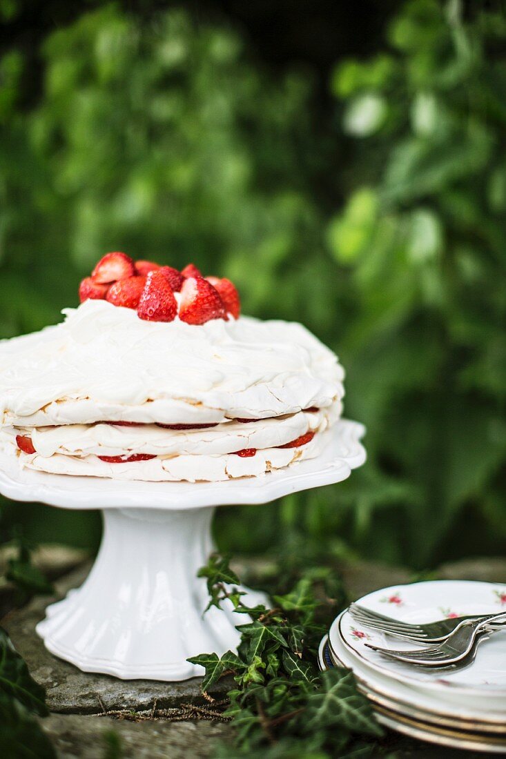 Meringue cake with strawberries