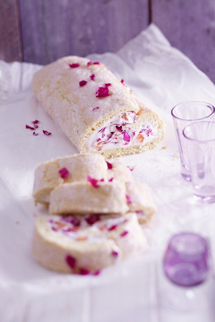 A Swiss roll filled with rose petal cream