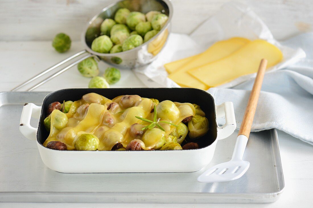 Brussels sprouts and chestnuts topped with melted cheese